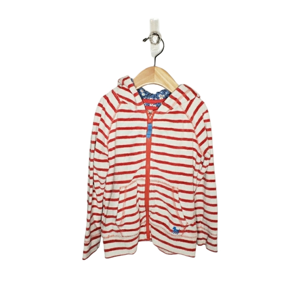 Mini Boden 5-6 Years Red and White Striped Hooded Zip Up Terry Jacket